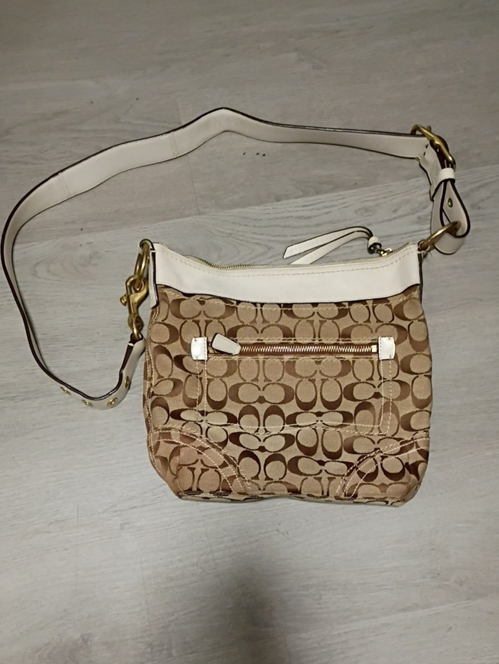 Coach Tan Signature Crossbody Bag with White Trim